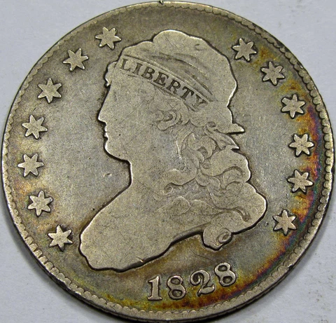 1828 Lg. Size Capped Bust Quarter Dollar Choice F+... Pretty Album Rim Toning!!! Cover