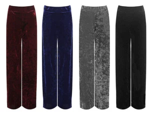 Velour Velvet Flared Wide Leg Pocket Pants Ladies Elasticated Palazzo Trouser - Picture 1 of 5