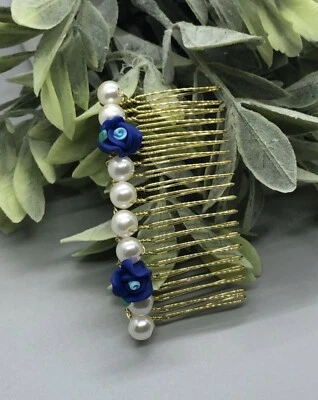 Acessórios de cabelo dourado 3,5 pol. flor azul casamento noiva miçangas brancas - Imagem 1 de 2