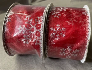 SET OF 2 DECORATIVE RIBBON SHEER RED W/ SILVER SNOWFLAKES - Picture 1 of 3
