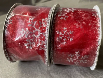 SET OF 2 DECORATIVE RIBBON SHEER RED W/ SILVER SNOWFLAKES - Image 1 of 3