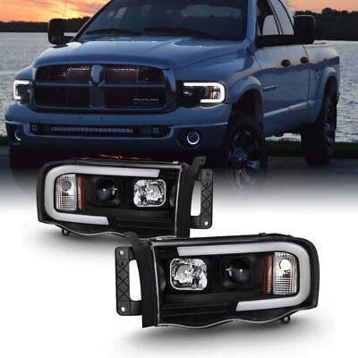 For 2002-2005 Dodge Ram Black LED Tube Projector Headlights Pair Set - Image 1 of 4