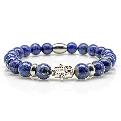 Lapislazuli Armband Bracelet Perlenarmband Fatima Hand silber blau 8mm Edelstahl - Bild 1 von 2