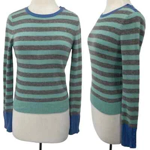 Beth Bowley Cashmere Sweater Striped Button Detail Crew Neck Gray Blue Womens S - Picture 1 of 8