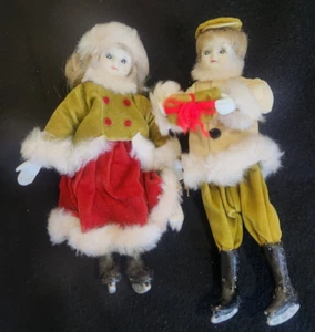 Vintage Fine Bisque Porcelain Doll 1 Male & 1 Female Ice Skaters Doll Ornaments - Picture 1 of 8