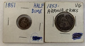 Two coins - 1853 Seated Liberty Silver Quarter & 1851 Seated Liberty Half Dime - Picture 1 of 5