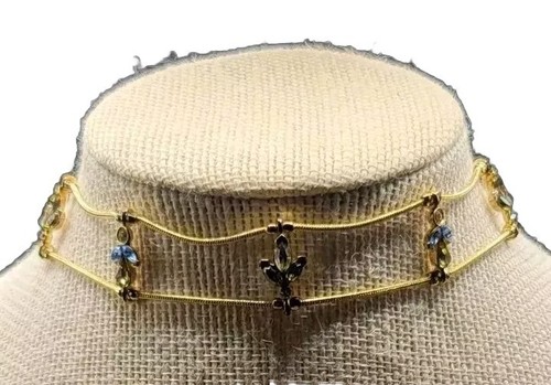 VETEMENTS Collana girocollo cristallo multicolore tono oro due fili catena serpente regolazione 16"