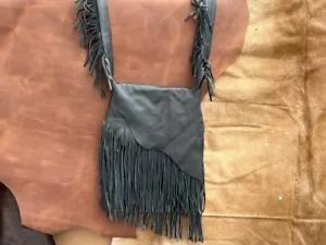 Western Boho Crossbody Bag - Unique Style Fringe Real Leather Bag - Black Color - Picture 1 of 6