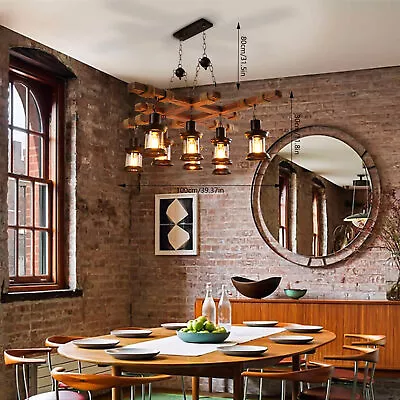 8 Heads Rustic Wood Chandelier Industrial Pendant Light Vintage Retro Cafe Lamp - Image 1 of 4