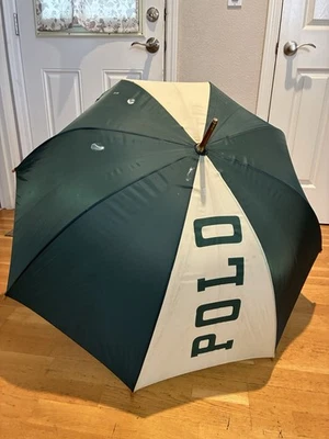 Винтажный зонт для гольфа Polo Ralph Lauren деревянная ручка зеленый белый логотип протестирован - Изображение 1 из 4