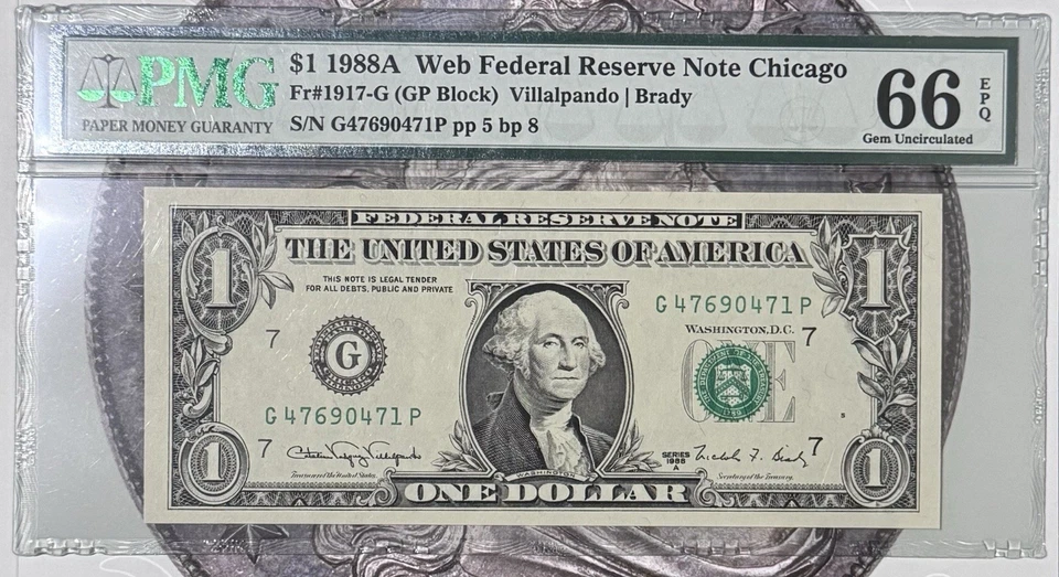 $1 1988A Web Federal Reserve Note Chicago Fr# 1917 G (GP Block) PMG 66 EPQ Gem - Image 1 of 4