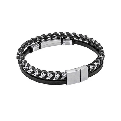Fred Bennett Bracelet B5574B Black Leather and Stainless Steel ID Bar Bracelet - Image 1 of 4