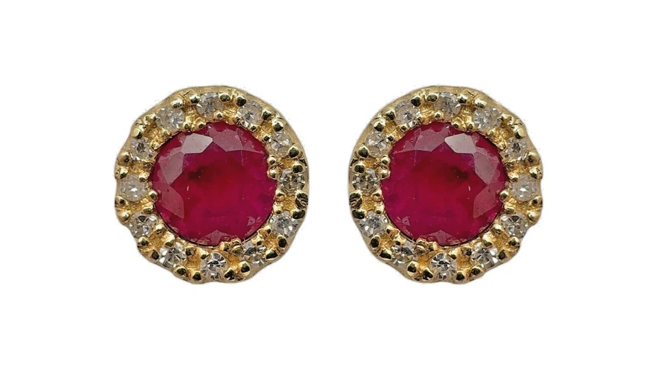 14K Yellow Gold Approx. 0.90Ct Natural Ruby  & Diamond Stud Earrings 1.3 dwt Foto 1 de 4