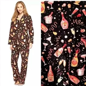 Nick & Nora Conjunto Pijama Franela Champagne Fiesta Año Nuevo Negro Rosa Talla Pequeña - Imagen 1 de 11