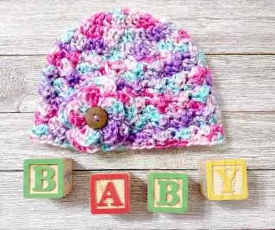 crochet handmade baby flower hat newborn purple pink dream puffs - Image 1 of 2