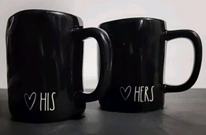 Rae Dunn Black Set of 2 His & Hers Ceramic Mugs With Heart Holds 14 oz NEW  - Picture 1 of 5