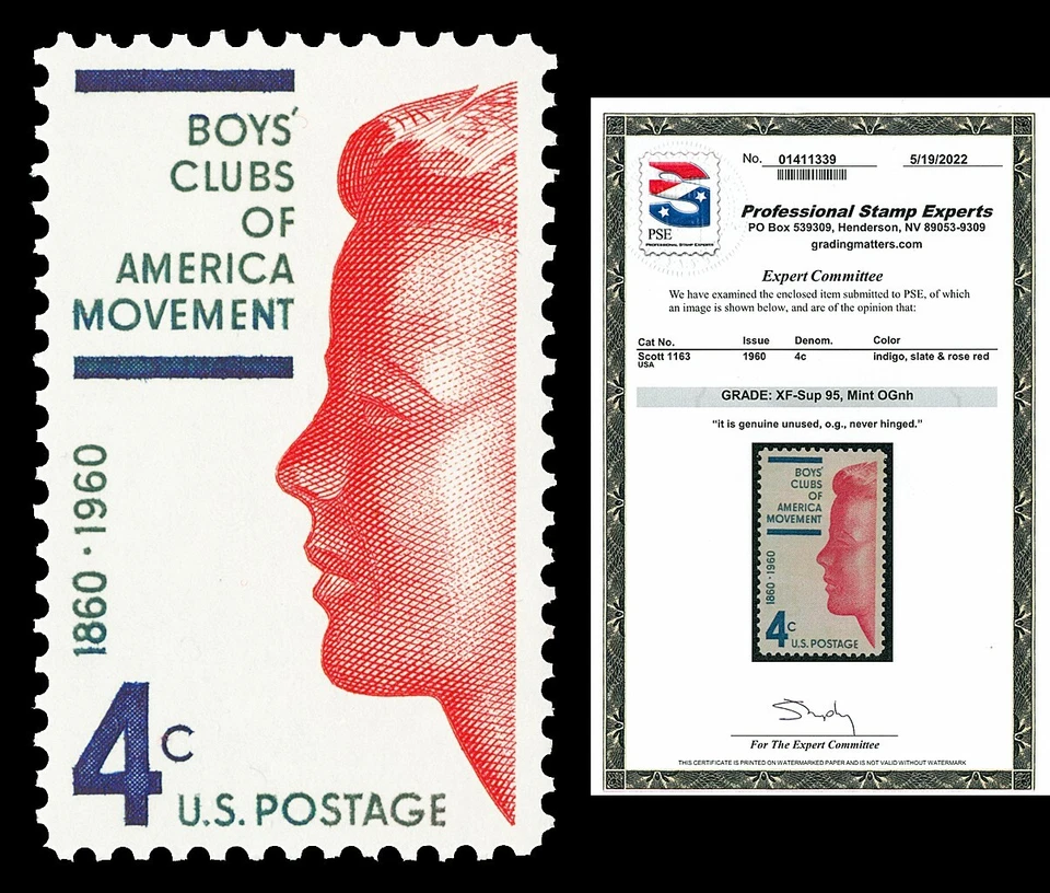 Scott 1163 1960 4c Boy's Club of America Mint Graded XF-Sup 95 NH with PSE CERT - Image 1 of 1