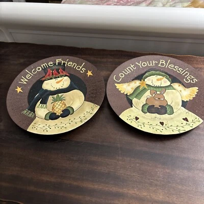 Primitive Snowman Wall Hanging Plates, Welcome Friends, Count Your Blessings - Image 1 of 4