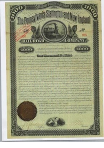 THE PENNSYLVANIA SLATINGTON AND NEW ENGLAND RAILROAD CO.1882 FIRST MORTGAGE BOND - Picture 1 of 1