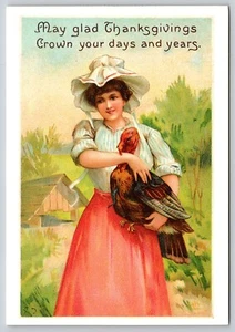 Postal May Glad Acción de Gracias Corona Tus Días y Años Mujer con Pavo - Imagen 1 de 2