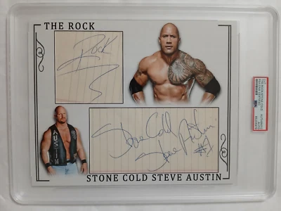 Tarjeta automática The Rock Dwayne Johnson Stone Cold Steve Austin PSA/DNA doble firma Foto 1 de 4