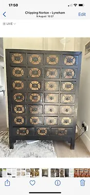 Chinese Medicine/Apothecary Wooden Cabinet. Black Lacquer Paint Gold Detail. • 900£