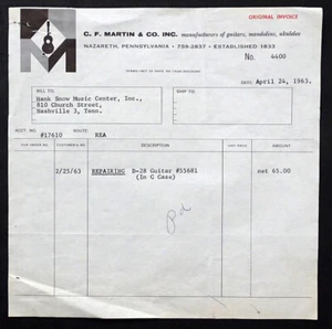 1963 Vintage Hank Snow Recibo de Martin para REPARAR GUITARRA D-28/Grand Ole Opry - Imagen 1 de 1