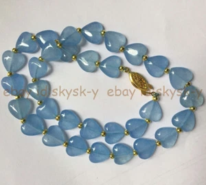 Natürlicher blauer Aquamarin 12 mm flach herzförmig Edelstein Perlen Halskette 14-48 Zoll - Bild 1 von 17