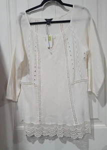 INTRO Lace Trimmed 3/4 Sleeve Tie-Neck Ivory Blouse Size Med- NWT - Picture 1 of 6