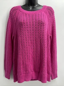 TALBOTS Women's Long Sleeve Scoop Neck Hot Pink OPEN KNIT Sweater Size L - Picture 1 of 13