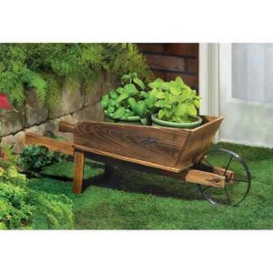 Brown Wood Country Flower Cart Decorative Backyard Planter - NIB - FREE SHIPPING - Picture 1 of 3