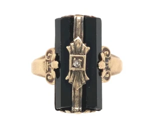 10k Yellow Gold Faceted Genuine Natural Black Onyx Ring with Diamond (#J7242) - Picture 1 of 11