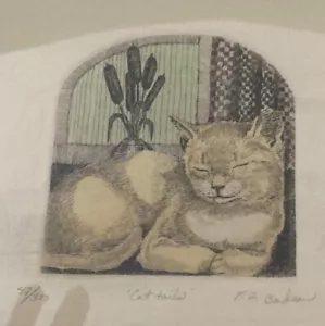 VTG signed RACHEL BADEAU Hand Colored ETCHING Print Yellow Cat tails 47/300 - Picture 1 of 5
