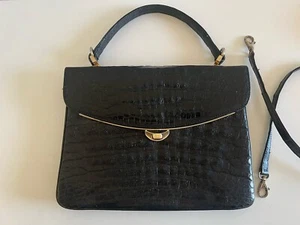 SCHWARZE KROKODILLEDER IRV AKKORDEON STIL KELLY TASCHE VINTAGE HANDTASCHE - Bild 1 von 9