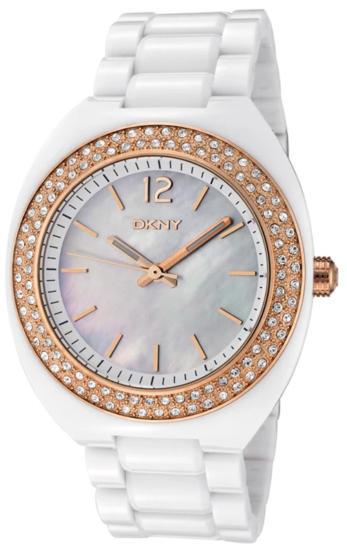 DKNY NY8096 LADIES ROSE GOLD CRYSTAL GLITZ PEARL FACE WHITE ACRYLIC BRACELET  - Image 1 of 1