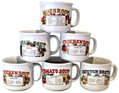 Vtg Retro x6 Recipe Soup Mug Bowl Cup Tomato Onion Chicken Mushroom Scotch Broth - Image 1 of 4