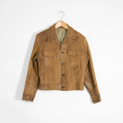 Vintage 70s Leather Trucker Jacket Mens Medium Cropped Fit Distressed Slim Brown - Image 1 of 4