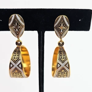 Damaszener Ohrhänger Schraub Ohrringe Schwarz Gold Platte Abstraktes Design 1,75 Zoll - Bild 1 von 8