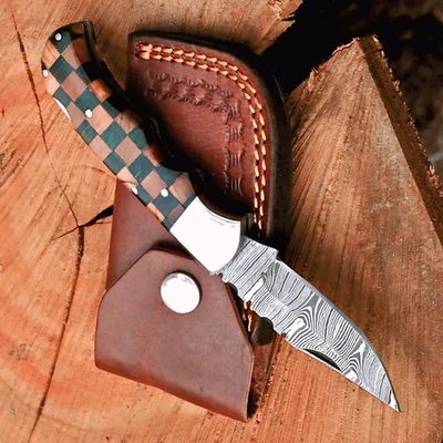 Damascus Steel Back Lock Knife with Olive,Color Wood Handle,Leather Sheath - Imagem 1 de 4