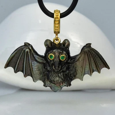 Geschnitzter Schwarz Perlmutt Fledermaus Anhänger Gold Vermeil Silber 5.76g - Bild 1 von 4