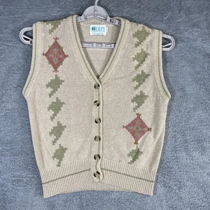 VTG Knit Vest Women Small Beige Button Up V Neck Silk Grandma Core 80s Y2K Rare - Picture 1 of 11