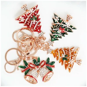 Crystal Rose Gold Sparkling Rhinestone Key Chain/Ring Charm-Gift Xmas Tree&Bell - Picture 1 of 8