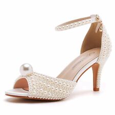 Crystal Queen 3 inches Stiletto Heels Pearls Sandals Peep Toe Bride Wedding P...