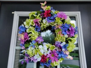 FLORAL one of a kind WREATH flowers Decor Front Door 16" purple blue pink green - Picture 1 of 7