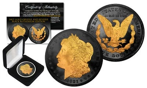 BLACK RUTHENIUM 2-Sided 1921 Original AU MORGAN SILVER DOLLAR Coin with 24K Gold - Picture 1 of 1