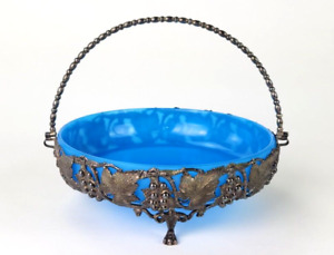 Antique Victorian Silverplate & Blue Opaline Glass Basket Bowl Grape Leaf 19th C