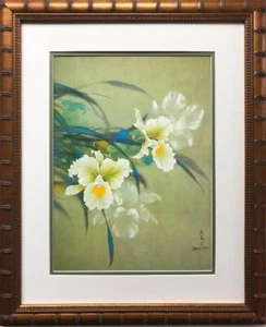 David Lee "White Orchid" Custom Framed Asian Art New Floral Flower Butterfly  - Picture 1 of 3
