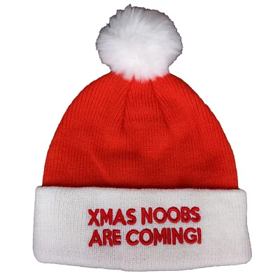 Санта игровой манжеты вязаный Beanie шляпа крышка Xmas Noobs приходят белый красный мех помпон - Изображение 1 из 3