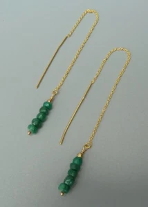 Green Emerald Faceted Rondelle Beads Gold Plated Chain Threader Drop Earrings - Picture 1 of 10