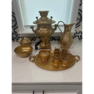 Persian Vintage Gilt Brass 12 Piece Samovar Tea Set - Picture 1 of 8